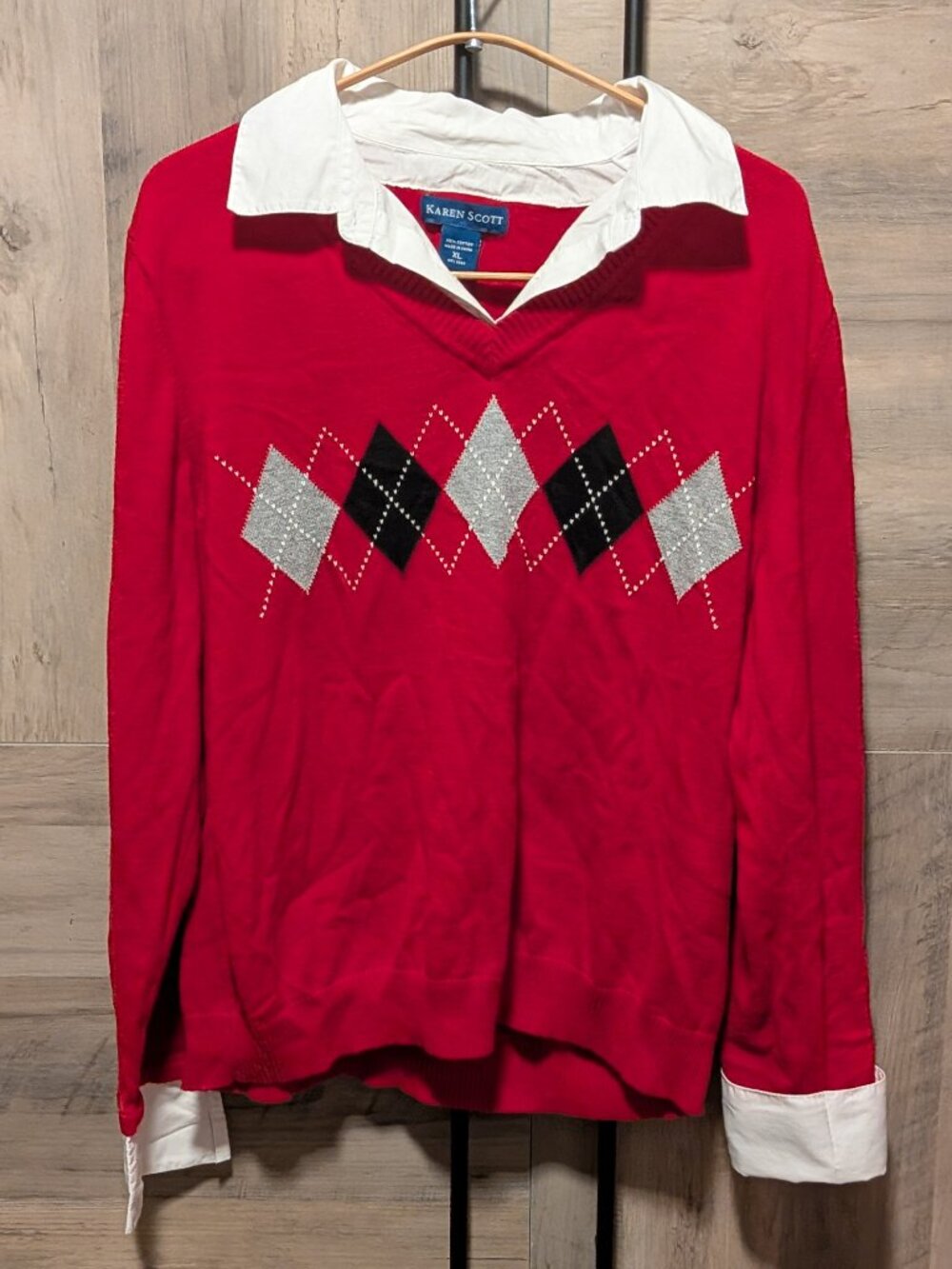 Karen Scott Layered-Look Argyle V-Neck Sweater with Built-in Collar and Cuffs